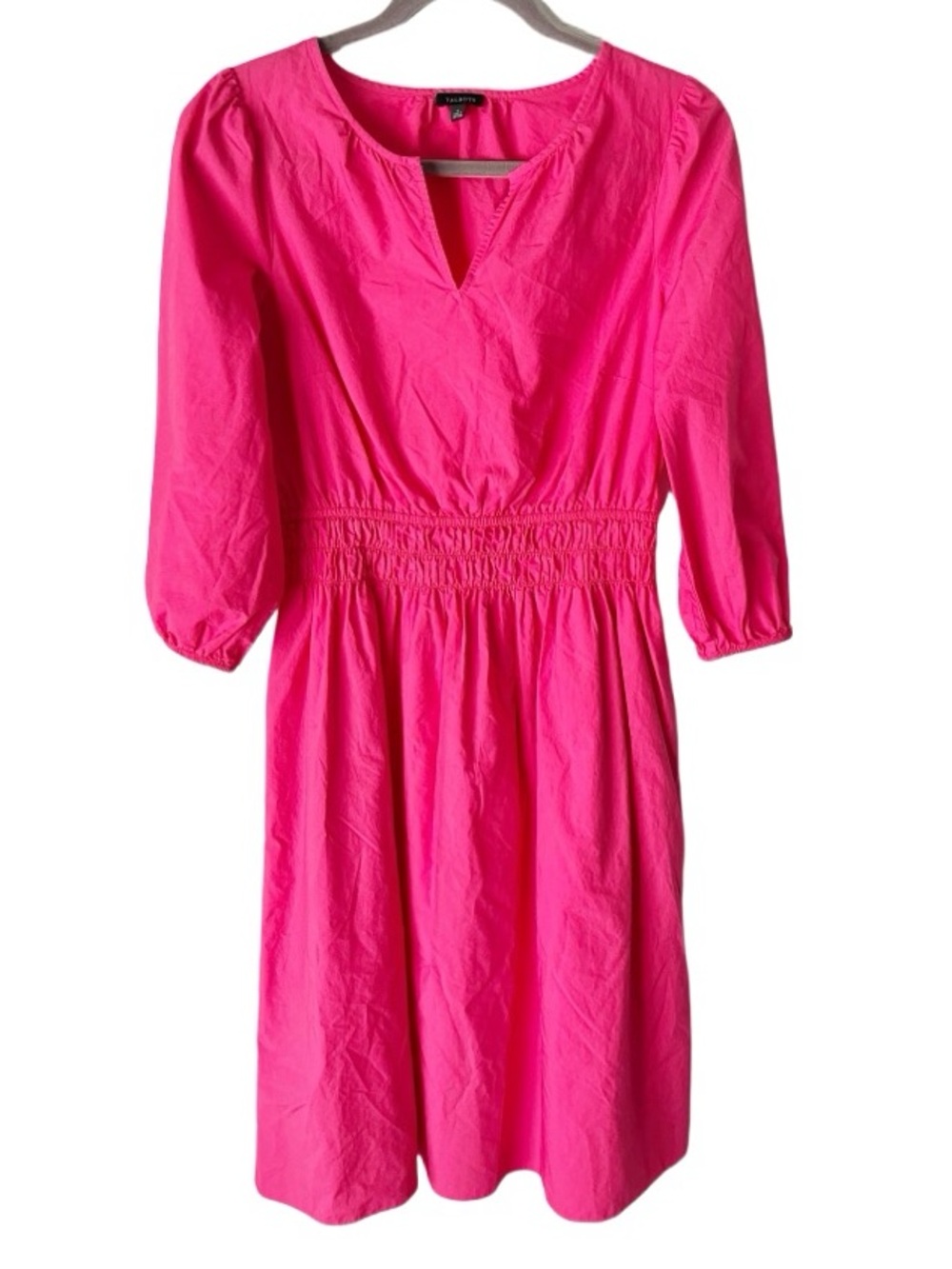 Talbots Smocked Poplin Midi Dress Size 6 Hot PInk Euro Summer Preppy Garden